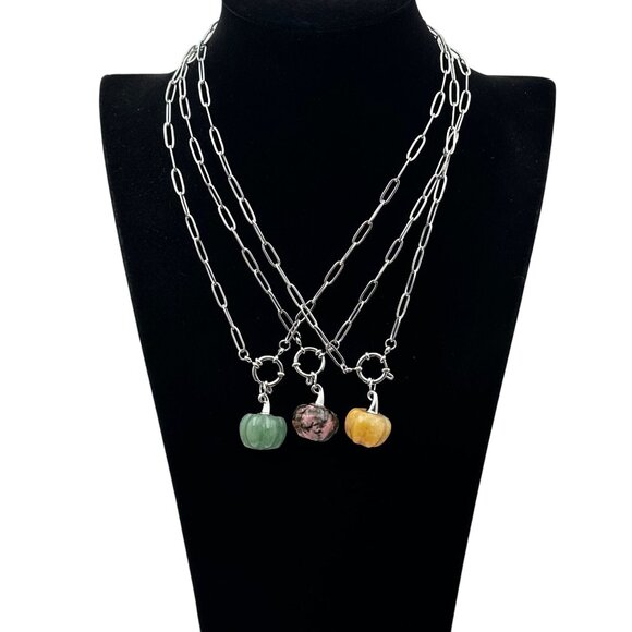 Green Aventurine Gemstone Pumpkin Pendant Necklace Silver Tone 17 Inch - Picture 7 of 7